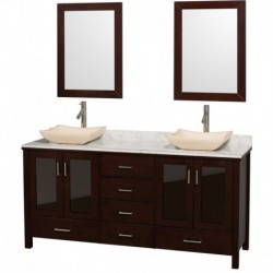 72 inch Double Bathroom Vanity in Espresso, White Carrera Marble Countertop, Avalon Ivory Marble Sinks, and 24 inch Mirrors