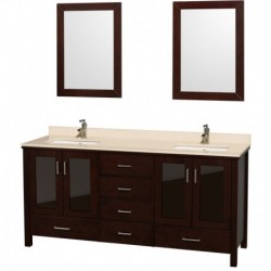 72 inch Double Bathroom Vanity in Espresso, Ivory Marble Countertop, White Undermount Sinks, and 24 inch Mirrors