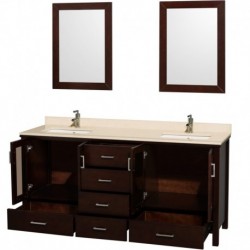 72 inch Double Bathroom Vanity in Espresso, Ivory Marble Countertop, White Undermount Sinks, and 24 inch Mirrors