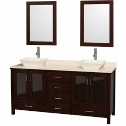72 inch Double Bathroom Vanity in Espresso, Ivory Marble Countertop, Pyra Bone Porcelain Sinks, and 24 inch Mirrors
