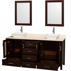 72 inch Double Bathroom Vanity in Espresso, Ivory Marble Countertop, Pyra White Porcelain Sinks, and 24 inch Mirrors