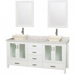 72 inch Double Bathroom Vanity in White, White Carrera Marble Countertop, Pyra Bone Porcelain Sinks, and 24 inch Mirrors