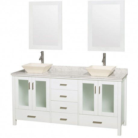 72 inch Double Bathroom Vanity in White, White Carrera Marble Countertop, Pyra Bone Porcelain Sinks, and 24 inch Mirrors
