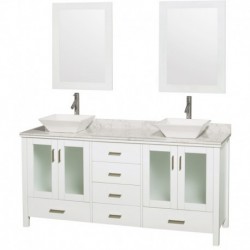 72 inch Double Bathroom Vanity in White, White Carrera Marble Countertop, Pyra White Porcelain Sinks, and 24 inch Mirrors