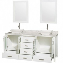 72 inch Double Bathroom Vanity in White, White Carrera Marble Countertop, Pyra White Porcelain Sinks, and 24 inch Mirrors