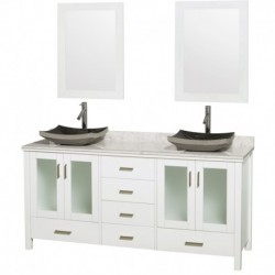 72 inch Double Bathroom Vanity in White, White Carrera Marble Countertop, Altair Black Granite Sinks, and 24 inch Mirrors