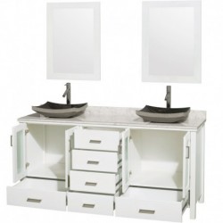 72 inch Double Bathroom Vanity in White, White Carrera Marble Countertop, Altair Black Granite Sinks, and 24 inch Mirrors