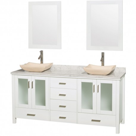 72 inch Double Bathroom Vanity in White, White Carrera Marble Countertop, Avalon Ivory Marble Sinks, and 24 inch Mirrors