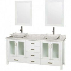 72 inch Double Bathroom Vanity in White, White Carrera Marble Countertop, Avalon White Carrera Marble Sinks, and 24 inch Mirror