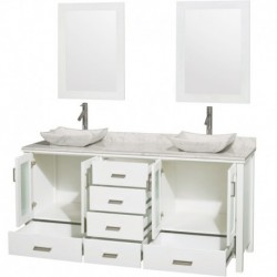 72 inch Double Bathroom Vanity in White, White Carrera Marble Countertop, Avalon White Carrera Marble Sinks, and 24 inch Mirror