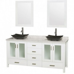 72 inch Double Bathroom Vanity in White, White Carrera Marble Countertop, Arista Black Granite Sinks, and 24 inch Mirrors