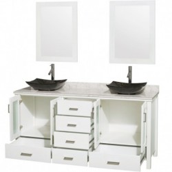 72 inch Double Bathroom Vanity in White, White Carrera Marble Countertop, Arista Black Granite Sinks, and 24 inch Mirrors