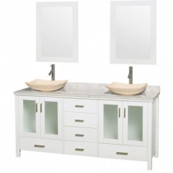 72 inch Double Bathroom Vanity in White, White Carrera Marble Countertop, Arista Ivory Marble Sinks, and 24 inch Mirrors
