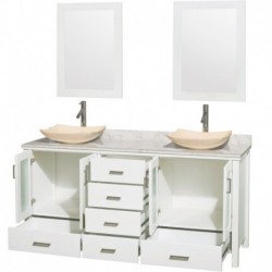 72 inch Double Bathroom Vanity in White, White Carrera Marble Countertop, Arista Ivory Marble Sinks, and 24 inch Mirrors