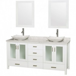 72 inch Double Bathroom Vanity in White, White Carrera Marble Countertop, Arista White Carrera Marble Sinks, and 24 inch Mirror