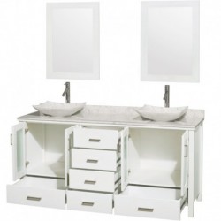 72 inch Double Bathroom Vanity in White, White Carrera Marble Countertop, Arista White Carrera Marble Sinks, and 24 inch Mirror