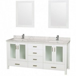 72 inch Double Bathroom Vanity in White, White Carrera Marble Countertop, Undermount Square White Porcelain Sinks, and 24 inch
