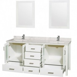 72 inch Double Bathroom Vanity in White, White Carrera Marble Countertop, Undermount Square White Porcelain Sinks, and 24 inch