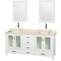 72 inch Double Bathroom Vanity in White, Ivory Marble Countertop, Pyra Bone Porcelain Sinks, and 24 inch Mirrors