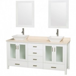 72 inch Double Bathroom Vanity in White, Ivory Marble Countertop, Pyra White Porcelain Sinks, and 24 inch Mirrors