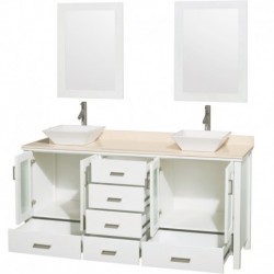 72 inch Double Bathroom Vanity in White, Ivory Marble Countertop, Pyra White Porcelain Sinks, and 24 inch Mirrors