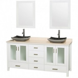 72 inch Double Bathroom Vanity in White, Ivory Marble Countertop, Altair Black Granite Sinks, and 24 inch Mirrors