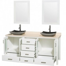 72 inch Double Bathroom Vanity in White, Ivory Marble Countertop, Altair Black Granite Sinks, and 24 inch Mirrors
