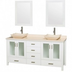 72 inch Double Bathroom Vanity in White, Ivory Marble Countertop, Avalon Ivory Marble Sinks, and 24 inch Mirrors