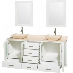 72 inch Double Bathroom Vanity in White, Ivory Marble Countertop, Avalon Ivory Marble Sinks, and 24 inch Mirrors