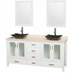 72 inch Double Bathroom Vanity in White, Ivory Marble Countertop, Arista Black Granite Sinks, and 24 inch Mirrors