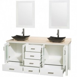 72 inch Double Bathroom Vanity in White, Ivory Marble Countertop, Arista Black Granite Sinks, and 24 inch Mirrors