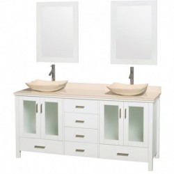 72 inch Double Bathroom Vanity in White, Ivory Marble Countertop, Arista Ivory Marble Sinks, and 24 inch Mirrors