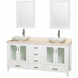 72 inch Double Bathroom Vanity in White, Ivory Marble Countertop, Arista White Carrera Marble Sinks, and 24 inch Mirrors