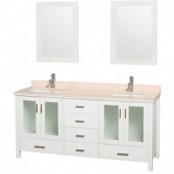 72 inch Double Bathroom Vanity in White, Ivory Marble Countertop, Undermount Square White Porcelain Sinks, and 24 inch Mirrors