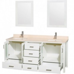 72 inch Double Bathroom Vanity in White, Ivory Marble Countertop, Undermount Square White Porcelain Sinks, and 24 inch Mirrors