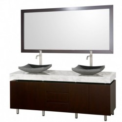 72 inch Double Bathroom Vanity in Espresso, White Carrera Marble Countertop, Altair Black Granite Sinks, and 70 inch Mirror