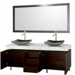 72 inch Double Bathroom Vanity in Espresso, White Carrera Marble Countertop, Altair Black Granite Sinks, and 70 inch Mirror