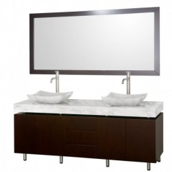 72 inch Double Bathroom Vanity in Espresso, White Carrera Marble Countertop, Avalon White Carrera Marble Sinks, and 70 inch Mir