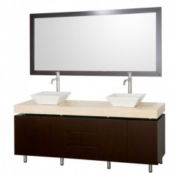 72 inch Double Bathroom Vanity in Espresso, Ivory Marble Countertop, Pyra White Porcelain Sinks, and 70 inch Mirror