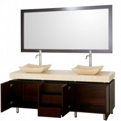 72 inch Double Bathroom Vanity in Espresso, Ivory Marble Countertop, Avalon Ivory Marble Sinks, and 70 inch Mirror