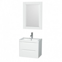 24 inch Single Bathroom Vanity in Glossy White, Acrylic-Resin Countertop, Integrated Sink, and 24 inch Mirror