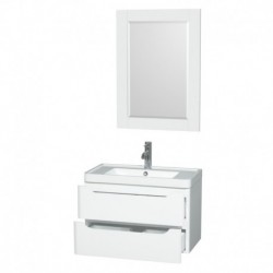 30 inch Single Bathroom Vanity in Glossy White, Acrylic-Resin Countertop, Integrated Sink, and 24 inch Mirror