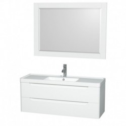 48 inch Single Bathroom Vanity in Glossy White, Acrylic-Resin Countertop, Integrated Sink, and 46 inch Mirror