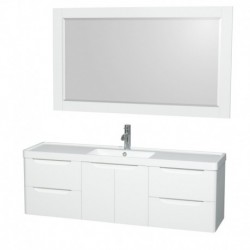 60 inch Single Bathroom Vanity in Glossy White, Acrylic-Resin Countertop, Integrated Sink, and 58 inch Mirror