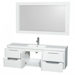 60 inch Single Bathroom Vanity in Glossy White, Acrylic-Resin Countertop, Integrated Sink, and 58 inch Mirror