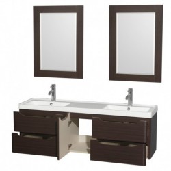60 inch Double Bathroom Vanity in Espresso, Acrylic-Resin Countertop, Integrated Sinks, and 24 inch Mirrors