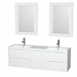 60 inch Double Bathroom Vanity in Glossy White, Acrylic-Resin Countertop, Integrated Sinks, and 24 inch Mirrors