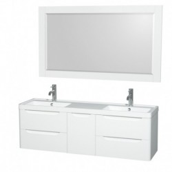 60 inch Double Bathroom Vanity in Glossy White, Acrylic-Resin Countertop, Integrated Sinks, and 58 inch Mirror