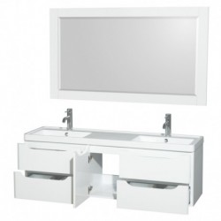 60 inch Double Bathroom Vanity in Glossy White, Acrylic-Resin Countertop, Integrated Sinks, and 58 inch Mirror