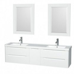 72 inch Double Bathroom Vanity in Glossy White, Acrylic-Resin Countertop, Integrated Sinks, and 24 inch Mirrors